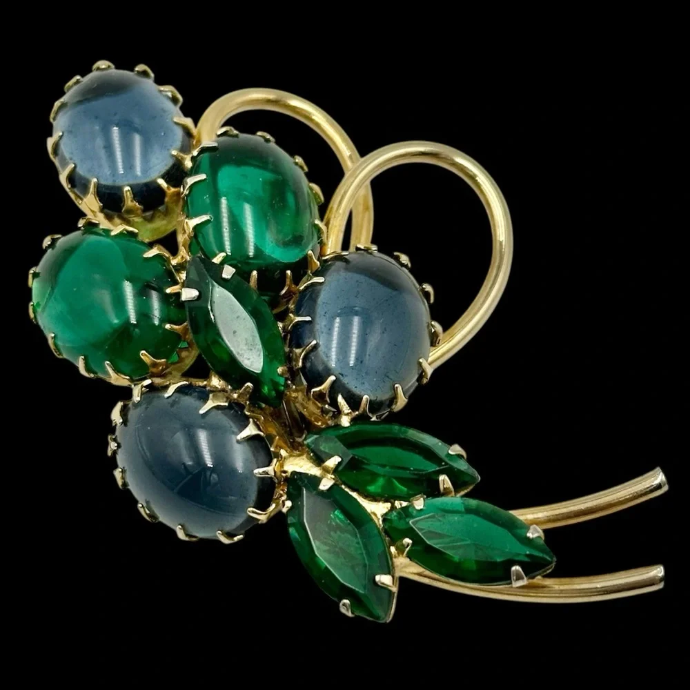 Vintage Weiss Blue and Green Cabochon Bouquet Brooch Signed